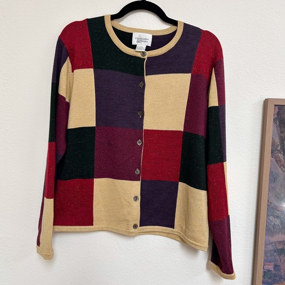 VINTAGE CHRISTOPHER & BANKS holiday color block cardigan sweater sz L, green - Picture 5 of 14